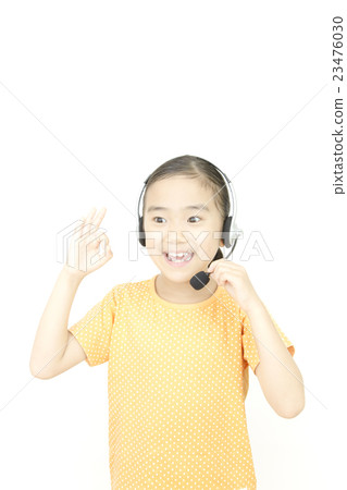 Girls talking with headset OK Sign 23476030