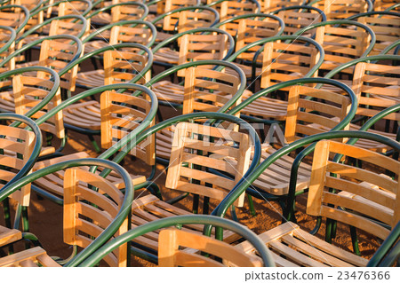 Wooden chairs. Empty stools without people. 23476366