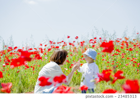 使用在花園裡的母親和兒子 23485313
