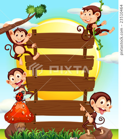 Wooden sign and four monkeys Wooden sign and four monkeys 23510464
