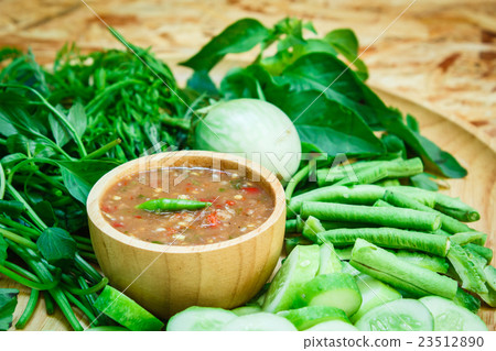 Sauce of shrimp paste and chili with vegetables. Sauce of shrimp paste and chili with vegetables. 23512890