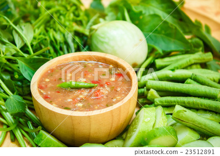 Sauce of shrimp paste and chili with vegetables. Sauce of shrimp paste and chili with vegetables. 23512891