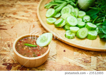 Sauce of shrimp paste and chili with vegetables. 23512893