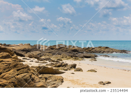 Rocky and sand beach over seacoast  23514494