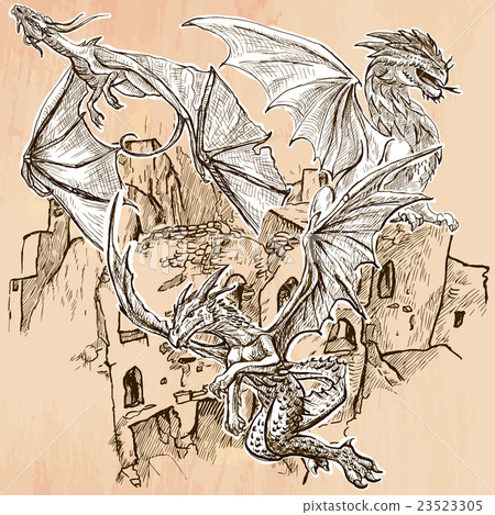 Dragons - An hand drawn vector. Line art. 23523305