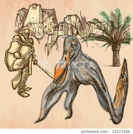 Kniight and Pterosaur (Dragon) - Line art, vector. 23523306