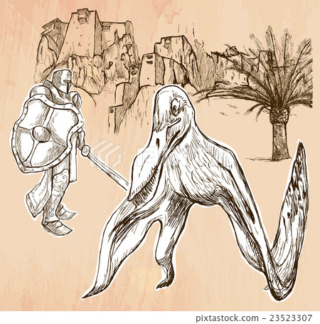 Kniight and Pterosaur (Dragon) - Line art, vector. 23523307