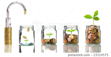 Faucet putting gold coins into clear bottle on white background,Business investment growth concept Faucet putting gold coins into clear bottle on white background,Business investment growth concept 23524575
