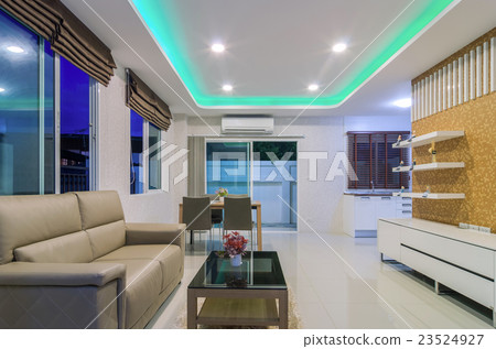 Luxury Interior living room with blue sky at twilight time Luxury Interior living room with blue sky at twilight time 23524927