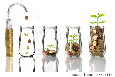 Faucet putting gold coins into clear bottle on white background,Business investment growth concept 23525112