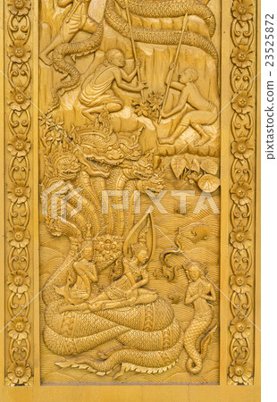 Closeup Wooden mural of Wat Pak Khlong Makham Thao, Chainat province, Thailand,public domain 23525872