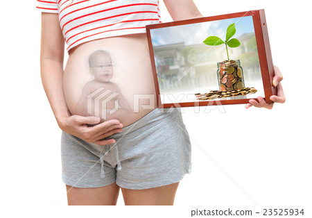 Pregnant woman with happy asian baby and Gold coins and seed in clear bottle on photo blurred house background on the black board, family invest concept Pregnant woman with happy asian baby and Gold coins and seed in clear bottle on photo blurred house background on the black board, family invest concept 23525934