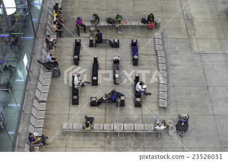 top view of people waiting area zone, flat lay view 23526031