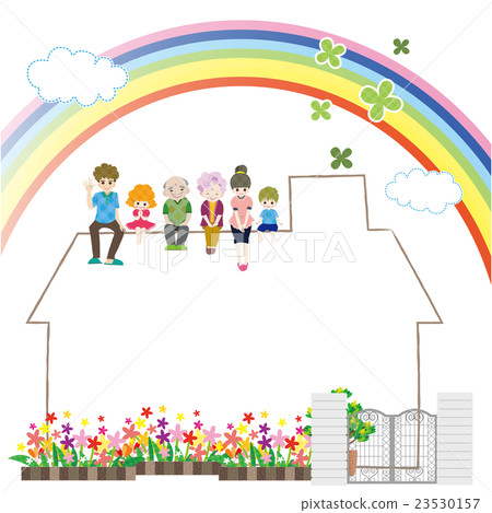 三代家庭坐在屋頂上 23530157