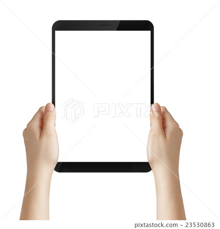 female hand holding a tablet pc with white screen 23530863