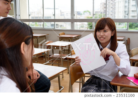 Girls studying with hundred points Three students who enjoy talking in classroom after school Girls studying with hundred points Three students who enjoy talking in classroom after school 23531100