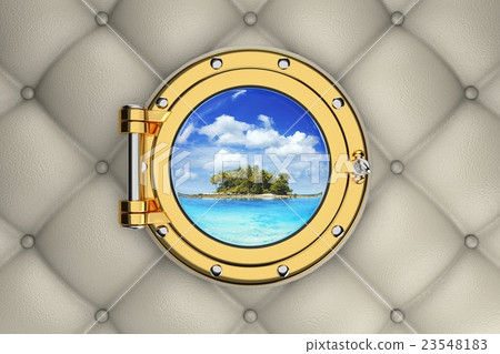 View of the exotic island from the porthole 23548183
