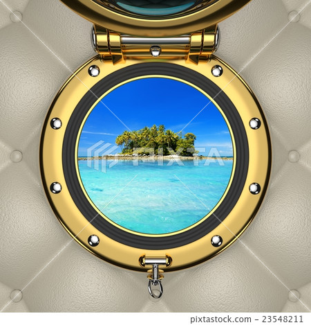 Turquoise lagoon and island from the porthole Turquoise lagoon and island from the porthole 23548211