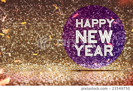 Happy New year on purple circle in gold color Happy New year on purple circle in gold color 23549750