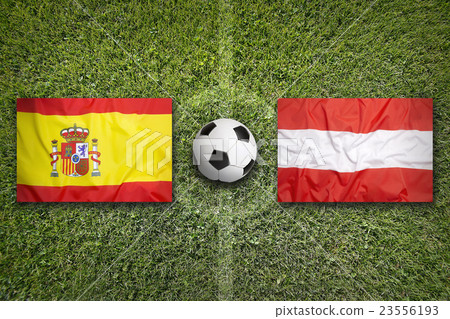 Spain vs. Austria flags on soccer field 23556193