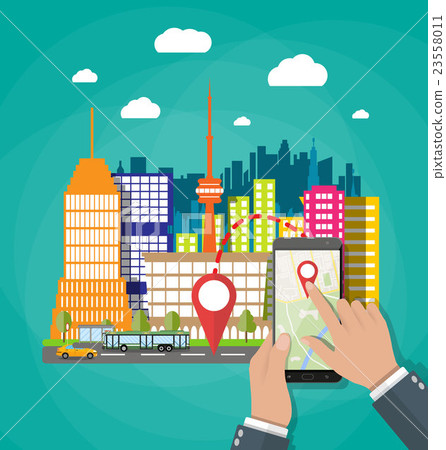 Hand holds smartphone with navigation app - Stock Illustration ...