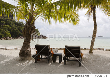 Deckchairs at tropical landscape view, Seychelles 23558121