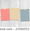 Three colored hanging adhesive paper notes blank design template 23560552