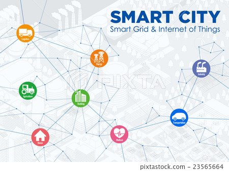 Smart City line drawing and technical icon Smart City line drawing and technical icon 23565664