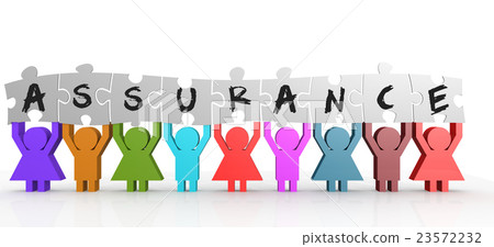 Nine people hold puzzle with assurance word 23572232