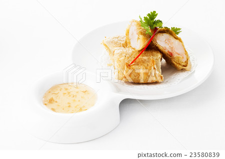 Spring rolls with shrimps on plate Spring rolls with shrimps on plate 23580839