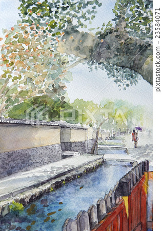 水彩繪畫房子鎮在Kamigamo，京都 23584071