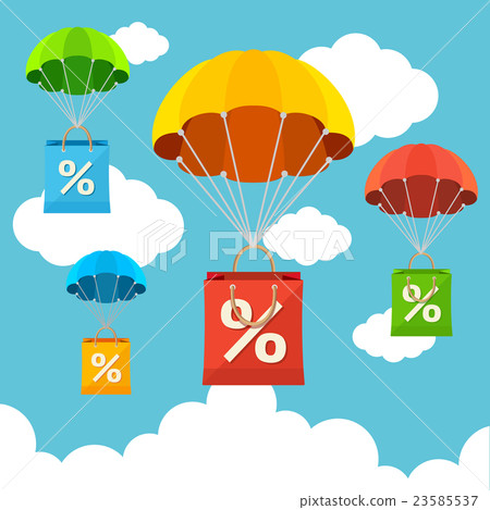 Vector parachute with paper bag sale. Flat Design 23585537