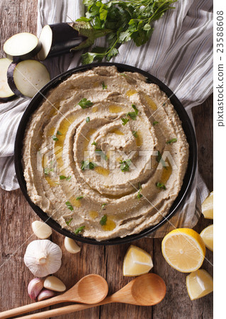 Arabic food baba ghanoush close-up and ingredients 23588608