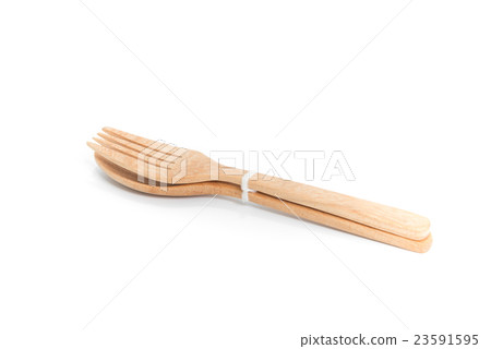 Wooden spoon and fork, on white background 23591595