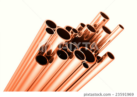 Copper round pipes, industrial background. 3d 23591969