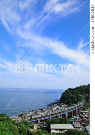 東海道線的E231系列常規火車在藍天和藍色海運行 23601630