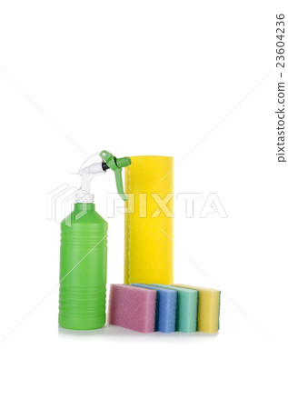 Cleaning cloth sponges and sprayer isolated on 23604236