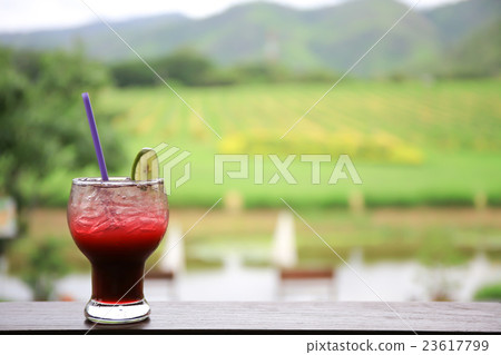 Glass of iced cocktail in winery vineyard hill Glass of iced cocktail in winery vineyard hill 23617799