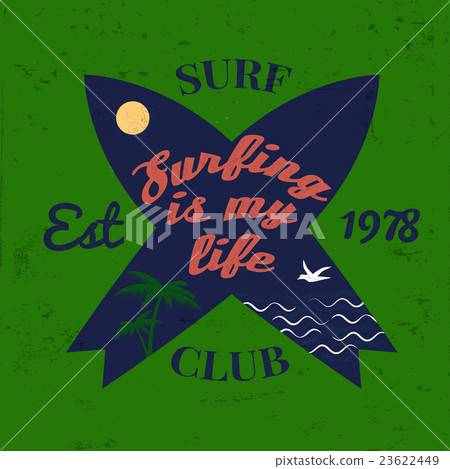 Surfing concept for shirt or logo, print, stamp. 23622449