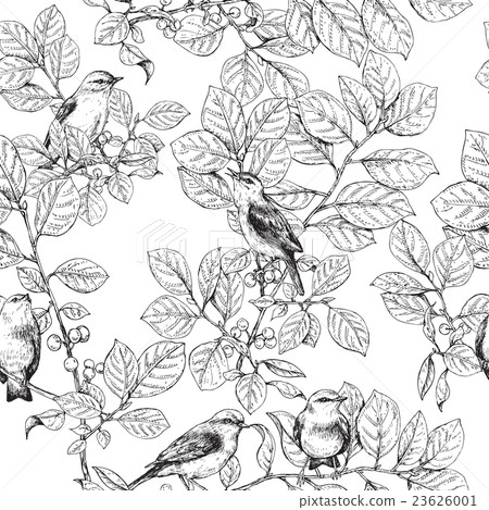 Seamless pattern with birds on branches - Stock Illustration [23626001 ...