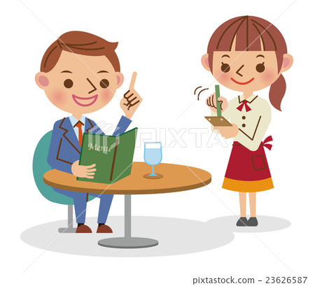 A businessman who orders while watching a menu at a cafe and a waitress to write down the order 23626587