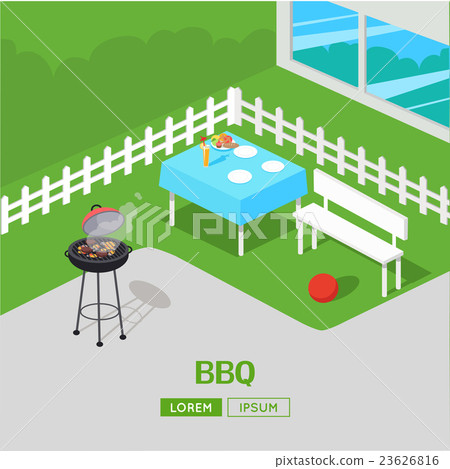 House Backyard Barbecue. BBQ Party Isometric House Backyard Barbecue. BBQ Party Isometric 23626816