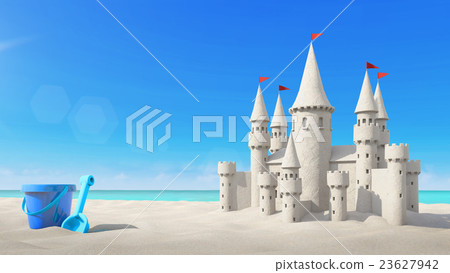 Sandcastle beach and toy on bright sky. Sandcastle beach and toy on bright sky. 23627942