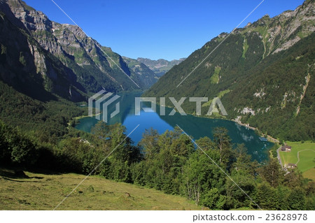 Turquoise lake Klontalersee, view from Schwammhohe 23628978