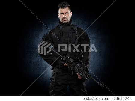 Spec ops police officer SWAT in black uniform stud 23631245