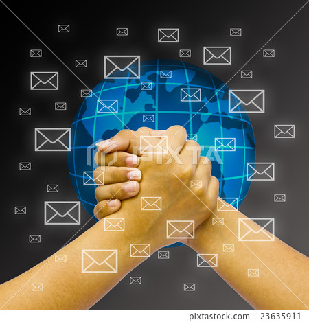 Hand and envelopes over globe. Hand and envelopes over globe. 23635911