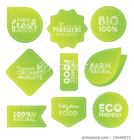 Green Eco Food Labels. Health Headings. Vector 23640672