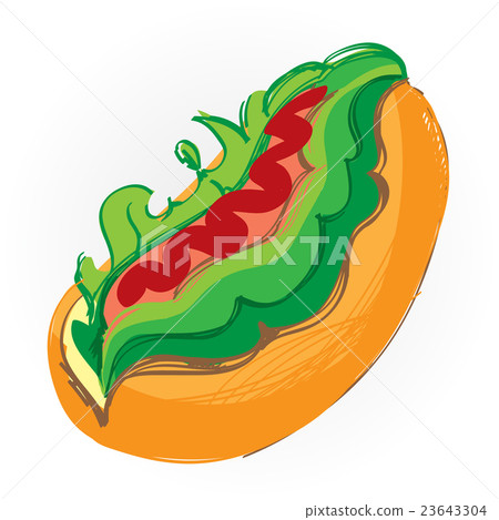 Hot dog, bun with sausage colorful hand drawing. 23643304