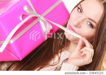 Pretty woman with pink box gift. Christmas holiday Pretty woman with pink box gift. Christmas holiday 23645125