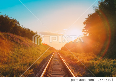 Railway Going Straight Ahead Through Summer Hilly Railway Going Straight Ahead Through Summer Hilly 23646491